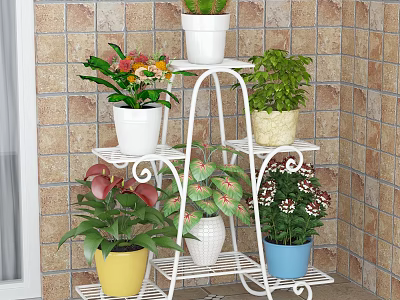 White Multi Tiered Garden Plant Stand With Colorful Potted Flowers And Greenery 3d model