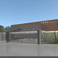 Modern Pavilion With Glass Curtain Walls And Wooden Structure In Spacious Plaza Surrounded By Greenery
