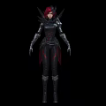 Game Movie Character With Red Hair And Black Armored Outfit With Red Accents