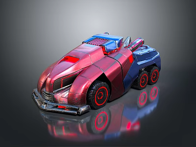 Red And Blue Futuristic Convertible Car With Shiny Surface And Red Wheels 3d model