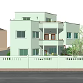 Two Story Detached Villa With Light Green Exterior Balcony Fence And Green Plants