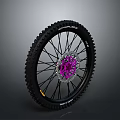 Bicycle Wheel With Black Maxxis Minion Tire Purple Hub Silver Spokes And Disc Brake