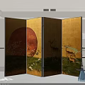 Traditional Decorative Folding Screen With Red Sun Deer Grass And Flower Patterns 3d model
