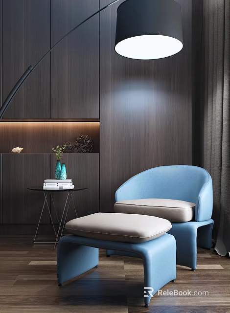 Blue Single Sofa With Matching Ottoman Dark Wooden Wall And Decorative Shelf With Plants Books 3d model 