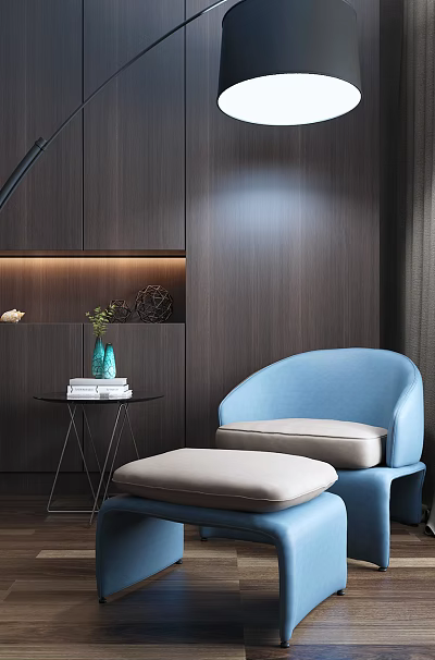 Blue Single Sofa With Matching Ottoman Dark Wooden Wall And Decorative Shelf With Plants Books 3d model