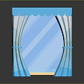 Elegant Blue Striped Curtain Interior With Scalloped Top And Wooden Base