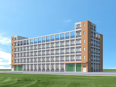 Aerial Planning Multi Storey Building With Orange Gray Exterior Green Roller Doors Surrounding Grassland 3d model