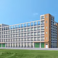 Aerial Planning Multi Storey Building With Orange Gray Exterior Green Roller Doors Surrounding Grassland