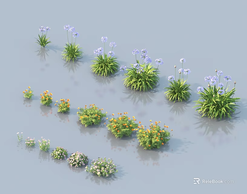 Various Colorful Flowers and Green Plants Including Purple Blooms Orange Flowers and Lush Green Foliage 3d model 