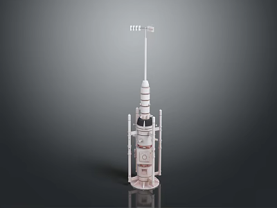 White Rocket Model With Layered Structure And Antenna On Support Frame 3d model