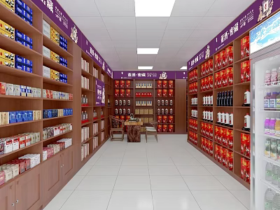 Tobacco and Alcohol Store Interior With Well Organized Wooden Shelves And Various Products 3d model