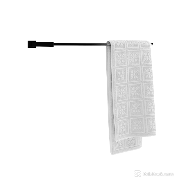 Bathroom Towel Rack With Black Bar And White Patterned Hanging Towel 3d model 