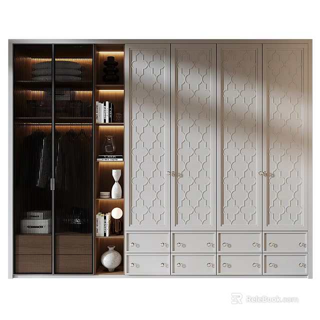 Modern Wardrobe Interior Design With Geometric Patterned Doors Open Storage Shelves Drawers And Decorative Items 3d model 