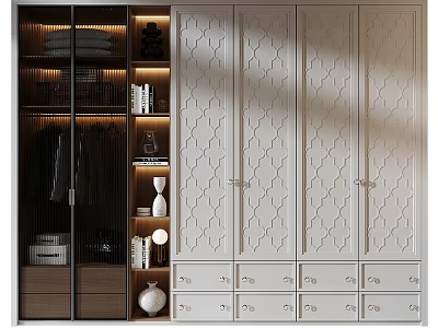 Modern Wardrobe Interior Design With Geometric Patterned Doors Open Storage Shelves Drawers And Decorative Items 3d model