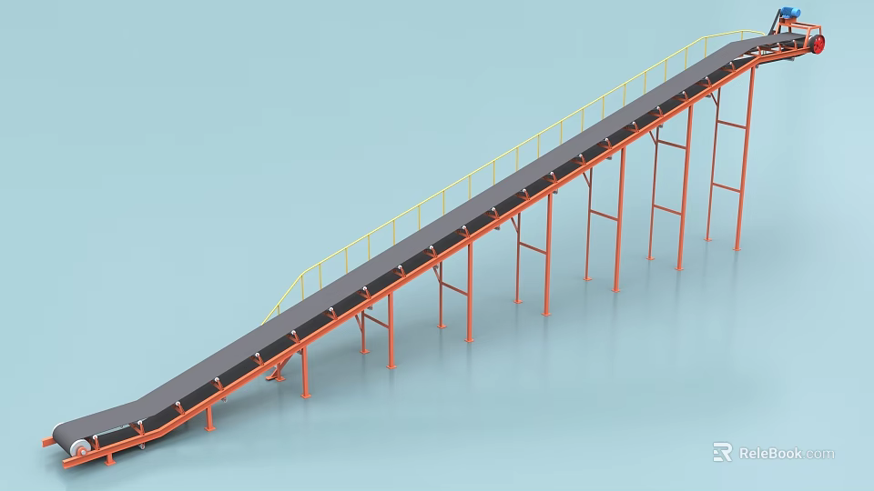 Industrial Conveyor Belt Equipment With Orange Support Frames Yellow Guardrails And Black Surface 3d model 