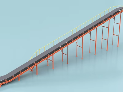 Industrial Conveyor Belt Equipment With Orange Support Frames Yellow Guardrails And Black Surface 3d model