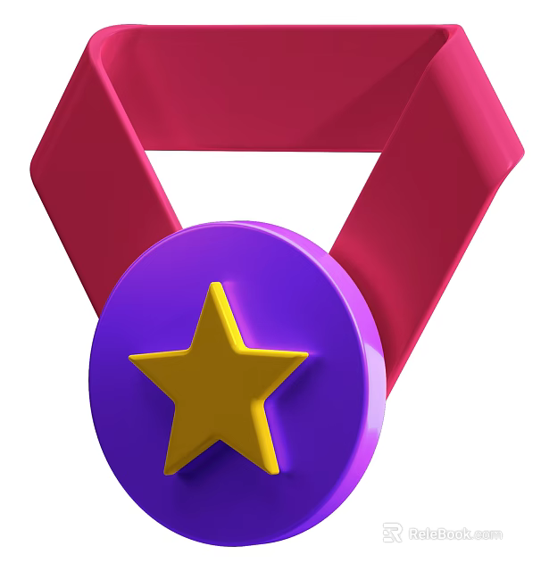Vibrant Purple Circular Medal With Red Ribbon And Yellow Star Design 3d model 