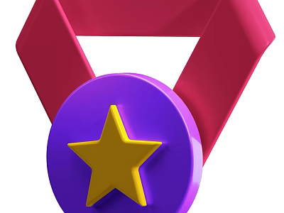 Vibrant Purple Circular Medal With Red Ribbon And Yellow Star Design 3d model