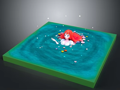 Game Movie Character Red Haired Female in Green Square Pool with Flower Petals and Floating Items 3d model