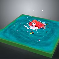 Game Movie Character Red Haired Female in Green Square Pool with Flower Petals and Floating Items