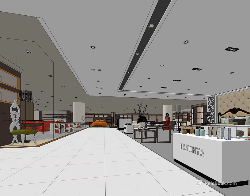 Spacious Shopping Mall Interior With White Floors Display Counters Lighting And Green Plants 3d model 