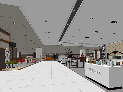 Spacious Shopping Mall Interior With White Floors Display Counters Lighting And Green Plants 3d model