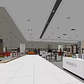 Spacious Shopping Mall Interior With White Floors Display Counters Lighting And Green Plants
