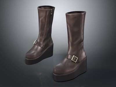 Brown Knee High Leather Boots With Platform Sole And Buckle Detail 3d model