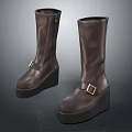 Brown Knee High Leather Boots With Platform Sole And Buckle Detail 3d model
