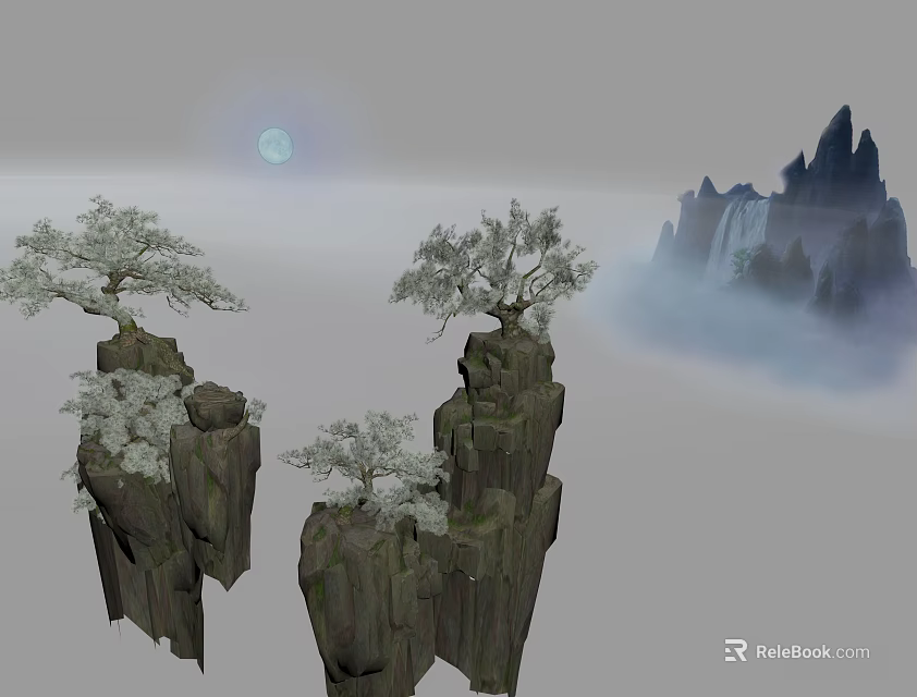 Scenic Landscape with Rocky Peaks Snowy Trees Misty Mountains and Bright Moon 3d model 