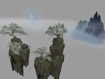 Scenic Landscape with Rocky Peaks Snowy Trees Misty Mountains and Bright Moon 3d model
