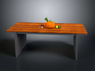 Wooden Dining Table Decorated With Pumpkin Small Fruits And Leaves 3d model