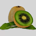 Fresh Kiwi Fruit With Whole And Sliced Pieces On Green Leaves