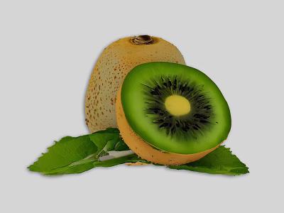 Fresh Kiwi Fruit With Whole And Sliced Pieces On Green Leaves 3d model