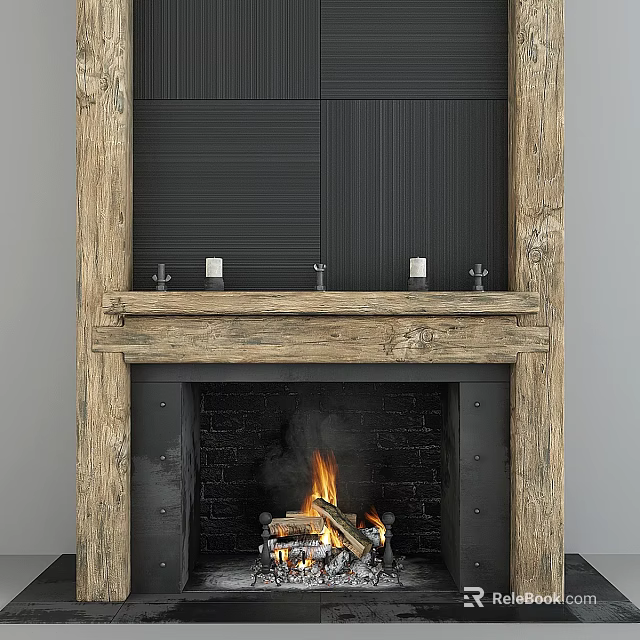 Rustic Wooden Fireplace With Burning Fire And Decorative Mantel Items 3d model