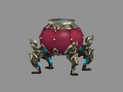 Ornate Red Spherical Video Game Character With Metallic Mechanical Legs And Blue Glow 3d model
