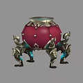 Ornate Red Spherical Video Game Character With Metallic Mechanical Legs And Blue Glow