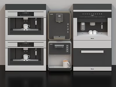 Multiple Modern Gray White Kitchen Appliances With Digital Displays Control Buttons And Cups 3d model