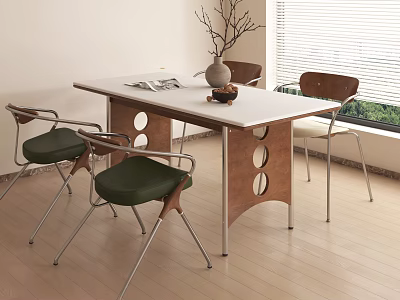 Dining Table Set With White Tabletop Wooden Legs Circular Cutouts Green Seats And Metal Frames 3d model