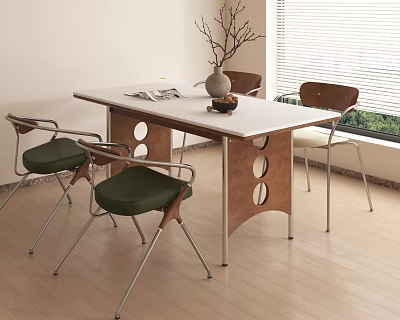 Dining Table Set With White Tabletop Wooden Legs Circular Cutouts Green Seats And Metal Frames 3d model