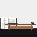 Minimalist Wooden Bench With Open Book And Camera Against Gray Wall Wooden Floor