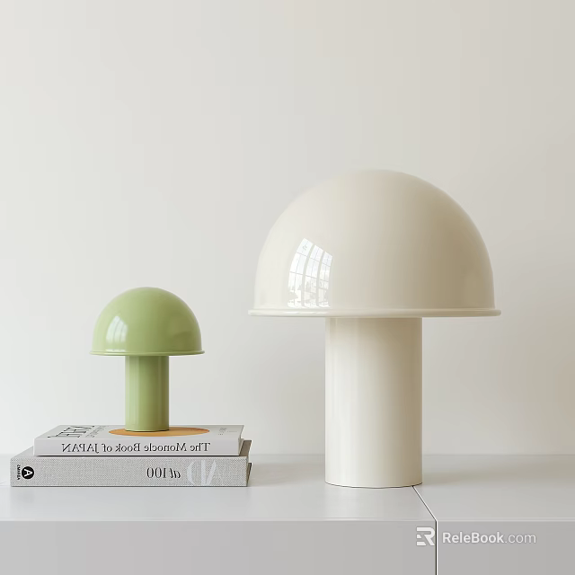 Modern Green And White Mushroom Shaped Table Lamps On Books And Table 3d model 