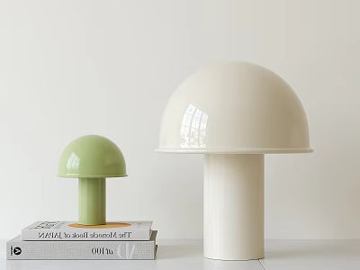 Modern Green And White Mushroom Shaped Table Lamps On Books And Table 3d model