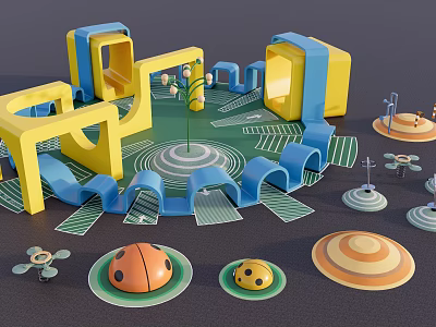 Colorful Kids Play Area With Yellow Blue Structures Green Ground And Ladybug Shapes 3d model