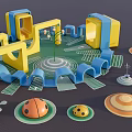 Colorful Kids Play Area With Yellow Blue Structures Green Ground And Ladybug Shapes