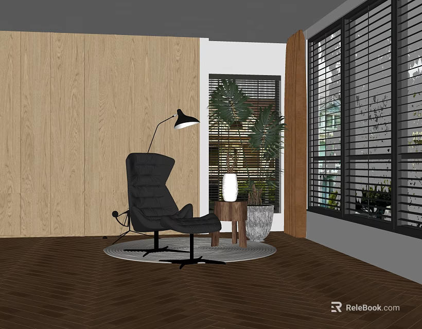 Modern Interior Decorative Ornament Set With Black Chair Floor Lamp And Green Plant 3d model 