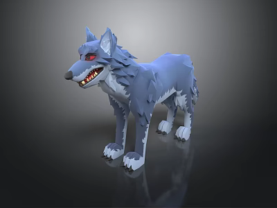 Low Poly 3D Wolf Character Model Featuring Blue Fur Red Eyes Sharp Teeth 3d model