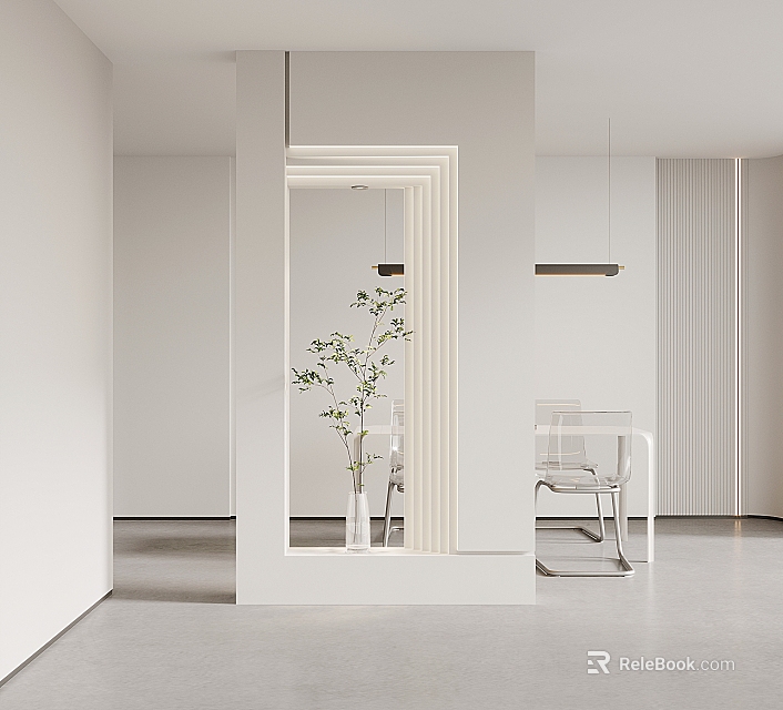 Minimalist Entryway Hallway Design With Framed Mirror Potted Plant And Pendant Light 3d model 