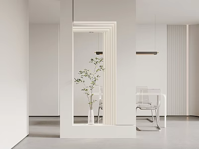 Minimalist Entryway Hallway Design With Framed Mirror Potted Plant And Pendant Light 3d model