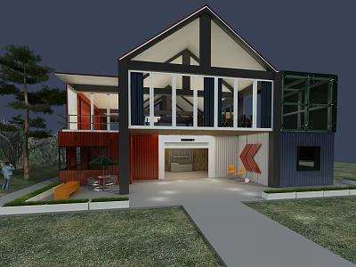 Modern Shipping Container House Design With Multiple Containers Large Windows And Outdoor Lawn 3d model